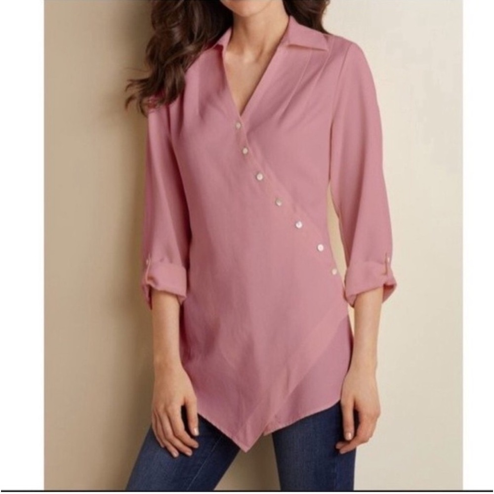 Soft Surroundings Asymmetrical Collared Tunic Blouse Top Rose Size Large